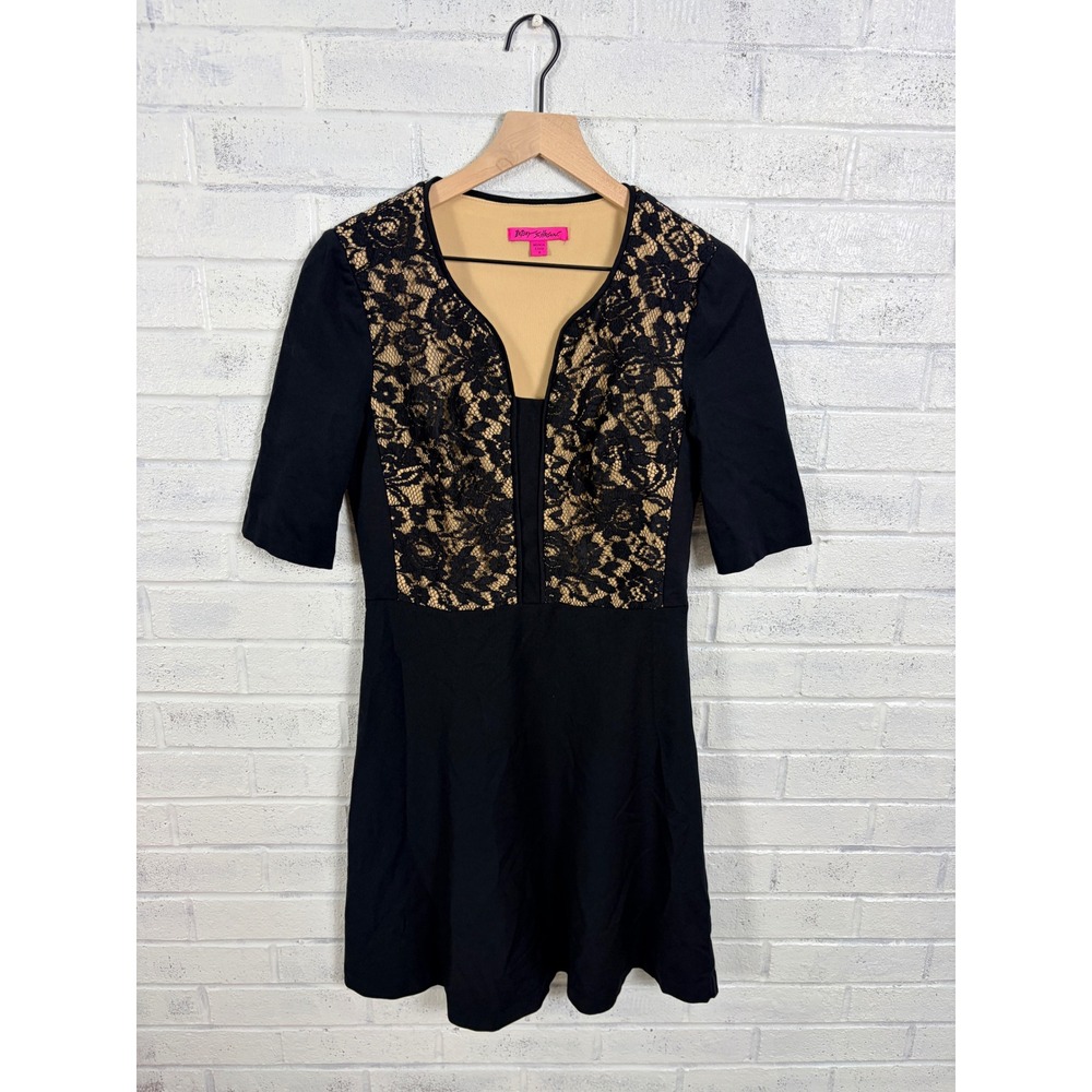 Betsey Johnson Fit & Flare Dress Womens 8 Black Nude Lace Illusion Cocktail
